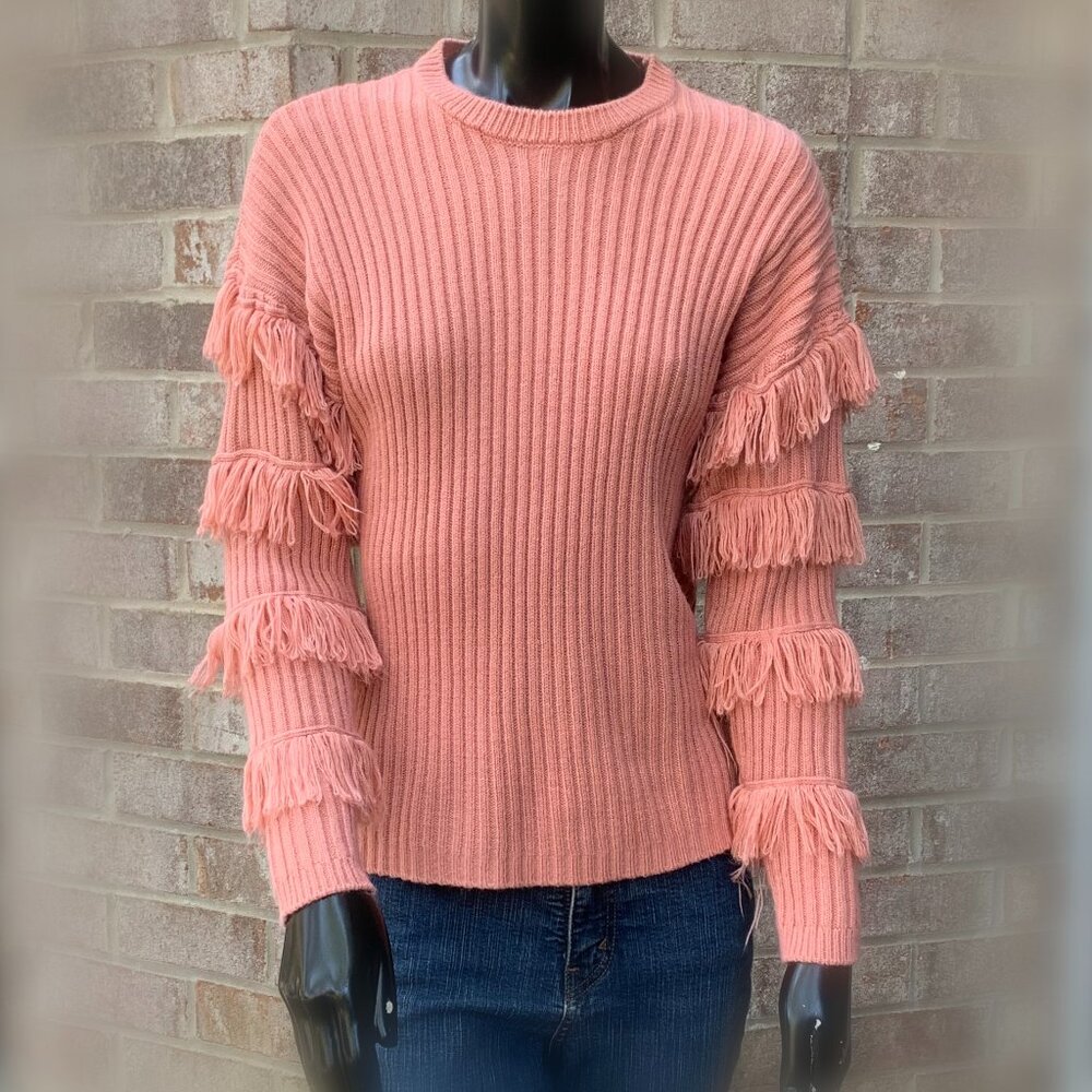 Kate & Sam Rib Stitch Knit Fringed Long Sleeve Crew Neck Sweater SzS